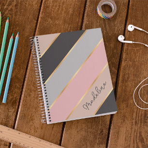 Personalized Blush Pink Taupe Beige Gray Stripe Planner
