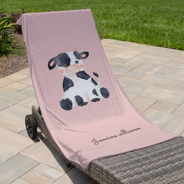  Personalized blush pink trendy watercolor cow Beach Towel (Creator Uploaded)