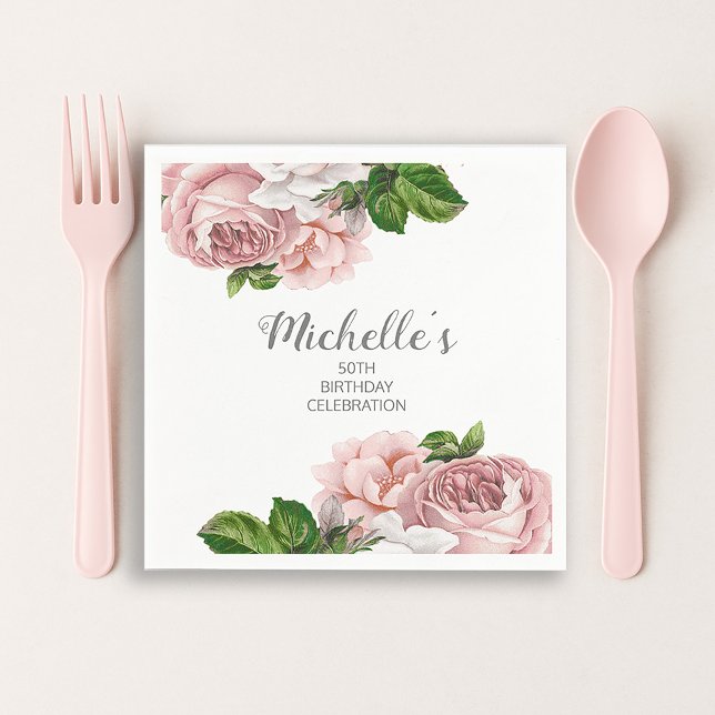 Personalized Blush Pink Watercolor Floral Birthday Napkins (Pink vintage floral paper napkins)