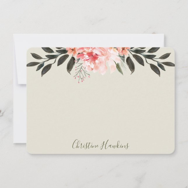 Personalized Blush Pink Watercolor Modern Greenery Note Card (Front)