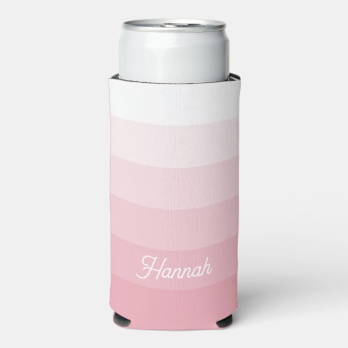 Personalized Blush Pink White Ombre Stripe Seltzer Can Cooler