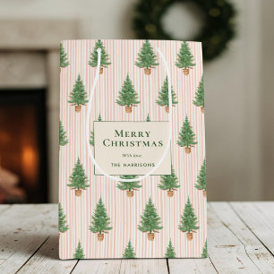 Personalized Blush Stripe Christmas Trees Holiday Medium Gift Bag