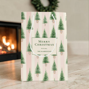Personalized Blush Stripe Christmas Trees Holiday Medium Gift Bag
