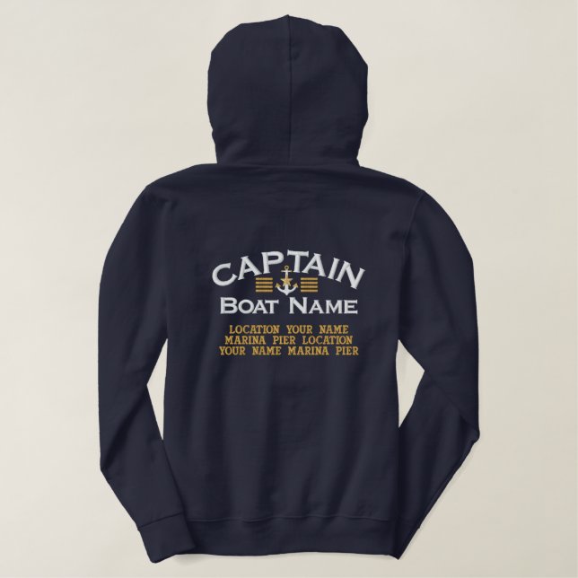 Personalized Boat Captain Stripes Star Anchor Embroidered Hoodie (Design Back)