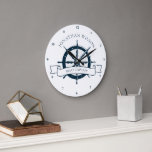 Personalized Boat Captain Vintage Nautical Wheel Large Clock<br><div class="desc">Chic custom boat captain wall clock for your beach cruise on the ocean featuring a navy blue boat steering wheel. This nautical themed design is perfect for a ship helmsman. Personalize with your last name or other text.</div>