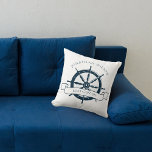 Personalized Boat Captain Vintage Nautical Wheel Throw Pillow<br><div class="desc">Chic custom boat captain throw pillow for your beach house on the ocean featuring a navy blue boat steering wheel. This nautical themed design is perfect for a ship helmsman's home. Personalize with your last name or other text.</div>
