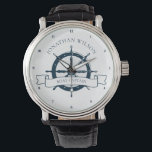 Personalized Boat Captain Vintage Nautical Wheel Watch<br><div class="desc">Chic custom boat captain watch for a beach cruise on the ocean featuring a navy blue boat steering wheel. This nautical themed wristwatch is perfect for a ship helmsman. Personalize with your last name or other text.</div>