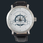 Personalized Boat Captain Vintage Nautical Wheel Watch<br><div class="desc">Chic custom boat captain watch for a beach cruise on the ocean featuring a navy blue boat steering wheel. This nautical themed wristwatch is perfect for a ship helmsman. Personalize with your last name or other text.</div>