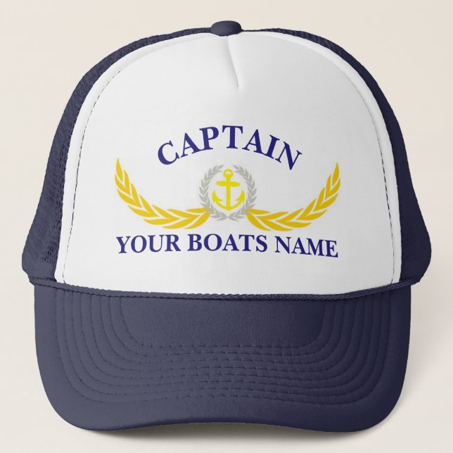 Personalized boat name anchor motif captains trucker hat (Front)