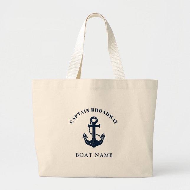 Personalized Boat Name and Captain Nautical Large Tote Bag (Front)