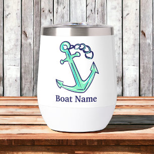 Personalized Boat Name Navy Green Anchor Nautical  Thermal Wine Tumbler