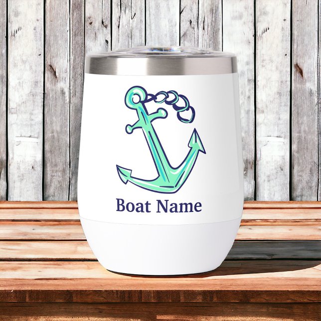 Personalized Boat Name Navy Green Anchor Nautical  Thermal Wine Tumbler (Creator Uploaded)