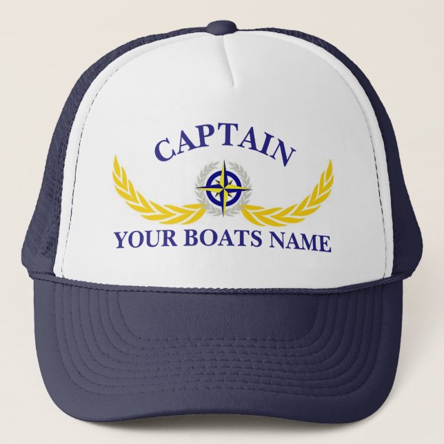 Personalized boat name ships compass captains trucker hat (Front)