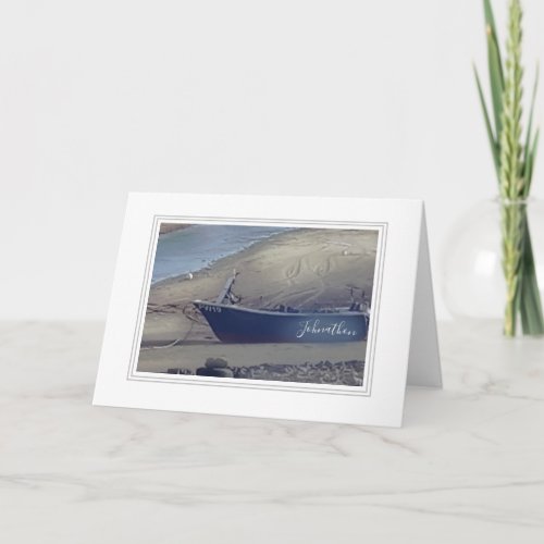 Personalized boat on Cornish beach Card