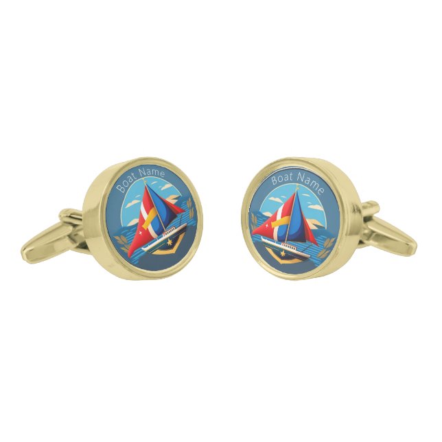 Personalized Boat Owner's Gold Cufflinks (Angled)