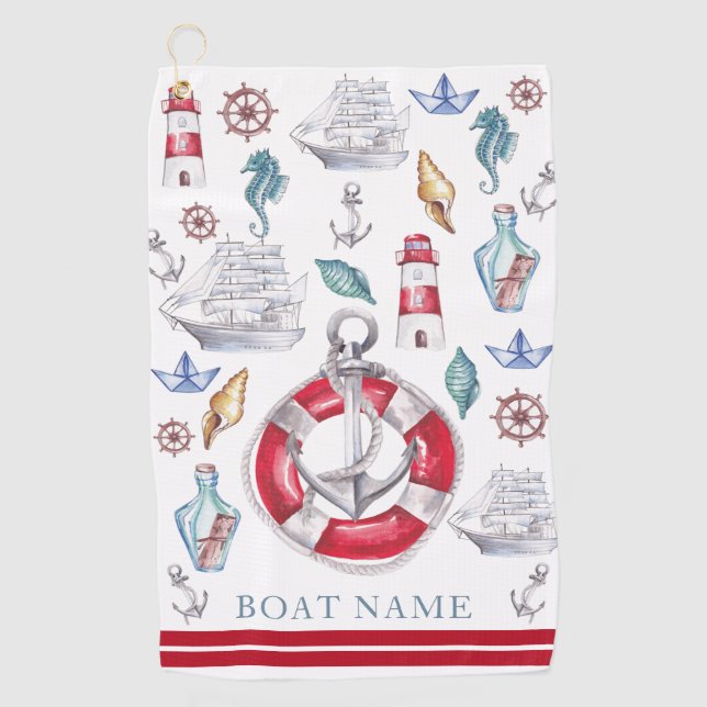 Personalized Boat Watercolor Nautical Golf Towel (Front)