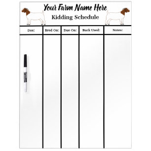 Personalized Boer Goat Farm Kidding Schedule #2 Dry Erase Board