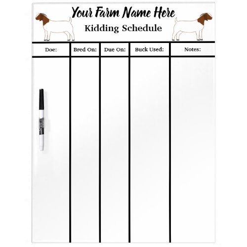 Personalized Boer Goat Farm Kidding Schedule 2 Dry Erase Board