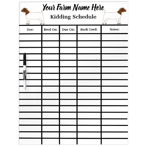 Personalized Boer Goat Farm Kidding Schedule Dry Erase Board