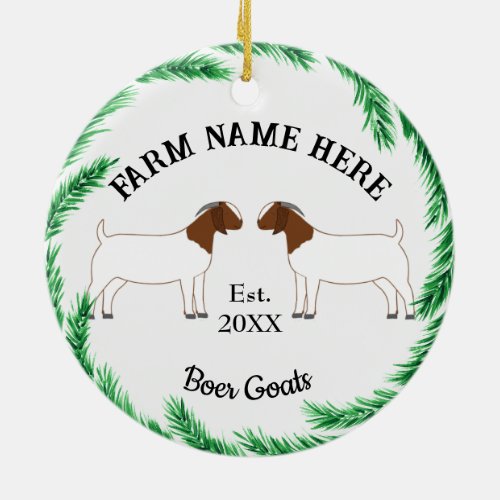 Personalized Boer Goat Farm Pine Wreath Ceramic Ornament