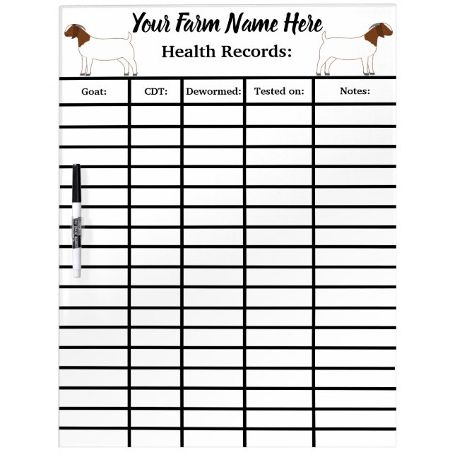 Personalized Boer Goat Health Records Dry Erase Board (Front)