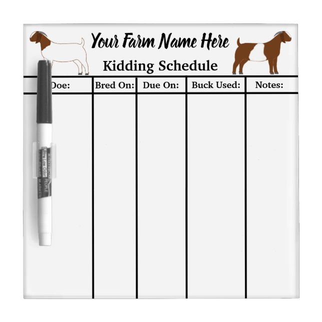 Personalized Boer Goat Kidding Schedule Dry Erase Board (Front)
