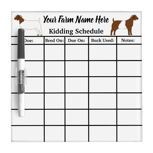 Personalized Boer Goat Kidding Schedule Dry Erase Board (Front)