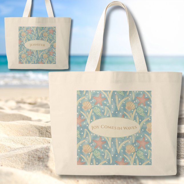 Personalized Boho Beach Tote Bag – Starfish Shells (Personalized Boho Beach "Joy Comes in Waves" Tote Bag – Starfish & Shells Coastal Design)