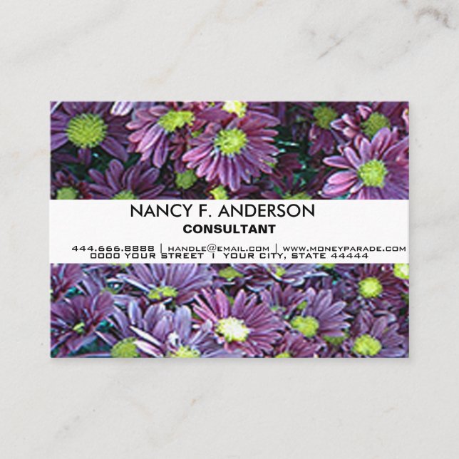 Personalized Boho Black and Purple Daises Floral Business Card (Front)