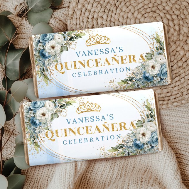 Personalized Boho Blue Floral Quinceañera Chocolat Hershey Bar Favors (Personalized Boho Blue Floral Quinceañera Chocolate Bar)
