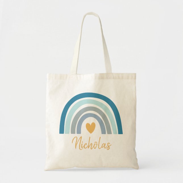 Personalized Boho Blue Rainbow Tote Bag (Front)