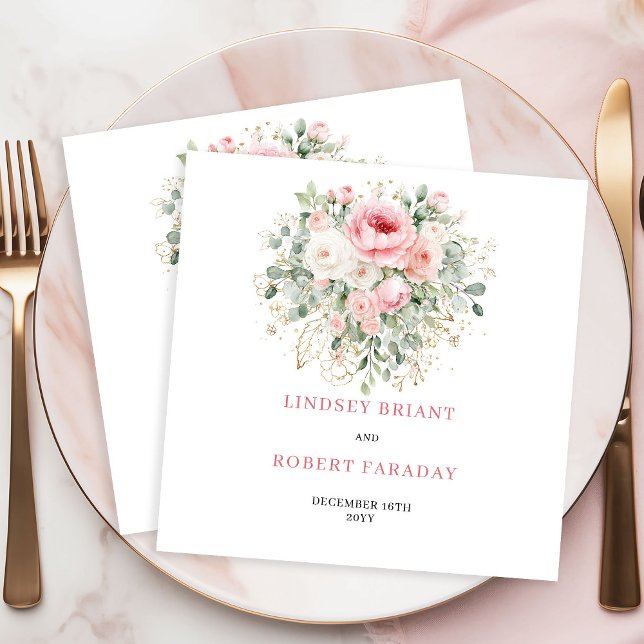 Personalized Boho Blush Rose Greenery Gold Wedding Napkins (Personalized Blush Rose Greenery Gold Wedding Napkins)
