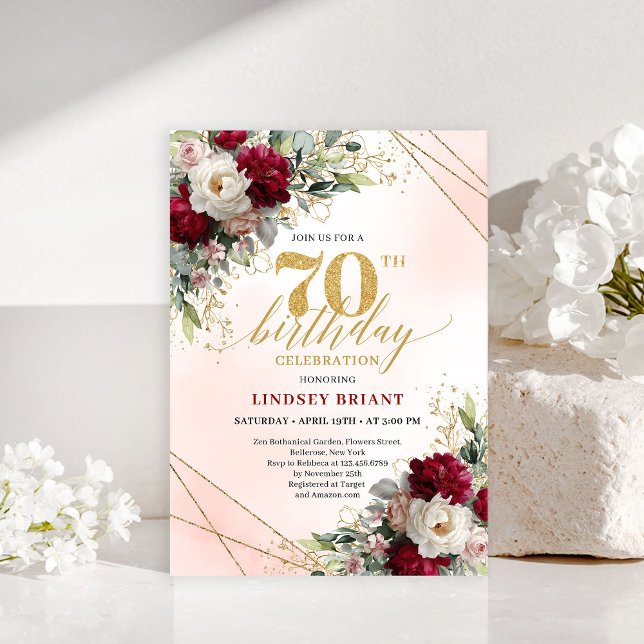 Personalized Boho Burgundy Floral 70th Birthday  Invitation (Personalized Boho Burgundy Floral 70th Birthday Invite)