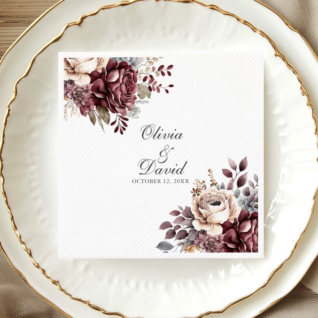 Personalized Boho Burgundy Floral Wedding  Napkins (Personalized Boho Burgundy Floral Wedding Napkins in an elegant white and gold porcelain plate.)
