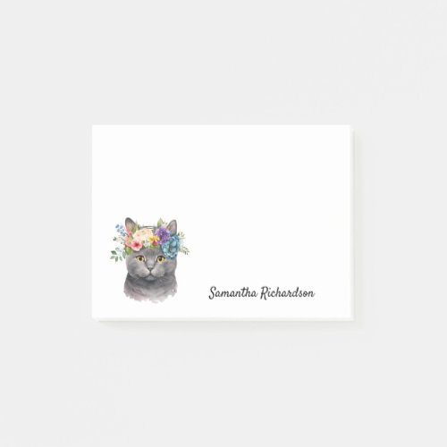 Personalized Boho Cat Floral Watercolor Post_it Notes