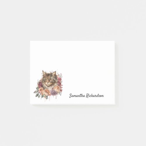 Personalized Boho Cat Floral Watercolor Post_it Notes