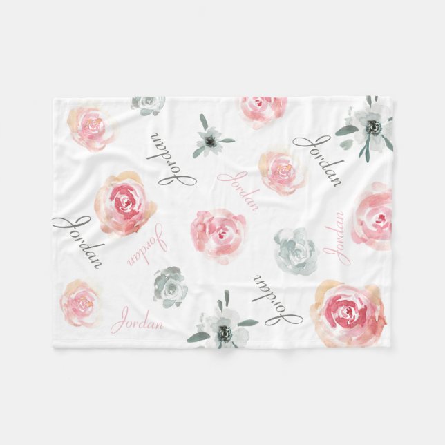 Personalized boho chic watercolor floral baby name fleece blanket (Front (Horizontal))