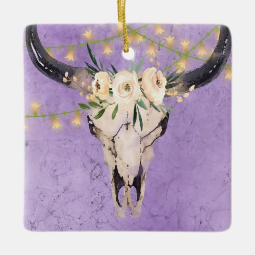 Personalized Boho Cow Skull and Lights Christmas Ceramic Ornament