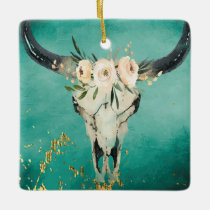 Personalized Boho Cow Skull, Flowers on Turquoise Ceramic Ornament