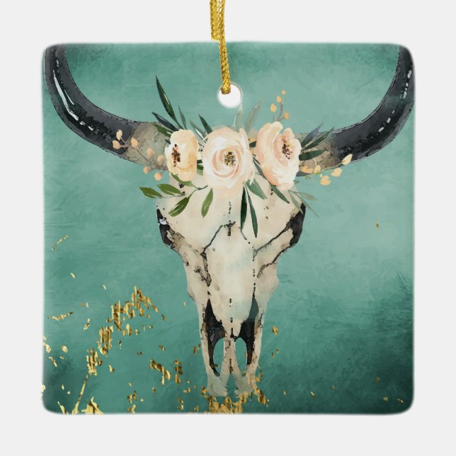 Personalized Boho Cow Skull, Flowers on Turquoise Ceramic Ornament (Front)