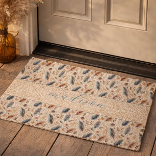 Personalized Boho Feather Floral Fiber Doormat