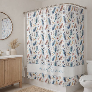 Personalized Boho Feather Floral Shower Curtain