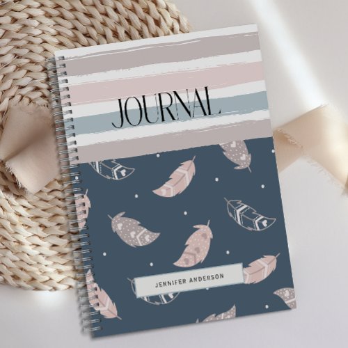 Personalized Boho Feather Stripes Pastel Journal 
