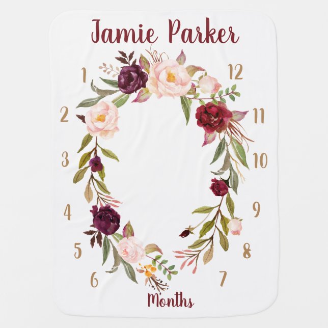 Personalized Boho Flor Wreath Monthly Baby Blanket (Front)