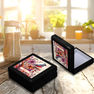 Personalized Boho Floral Bird Folk Art Keepsake Gift Box