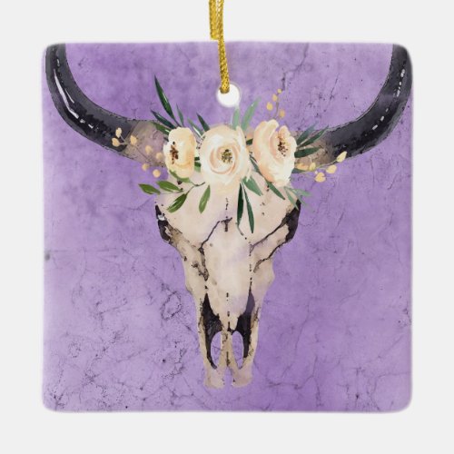 Personalized Boho Floral Cow Skull Christmas Ceramic Ornament