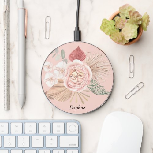 Personalized Boho Floral Design Pink Green Red Wireless Charger