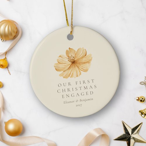 Personalized Boho Floral First Christmas Engaged Ceramic Ornament