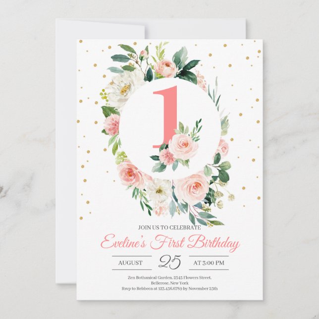 Personalized boho floral girl first birthday invitation (Front)