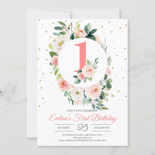 Personalized boho floral girl first birthday invitation